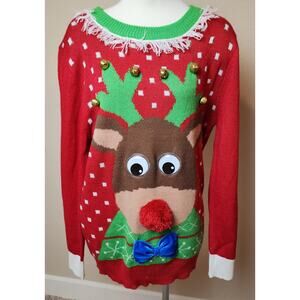 Reindeer Bells Google Eyes Fringe Christmas Sweater Red Green Ugly Small/Medium
